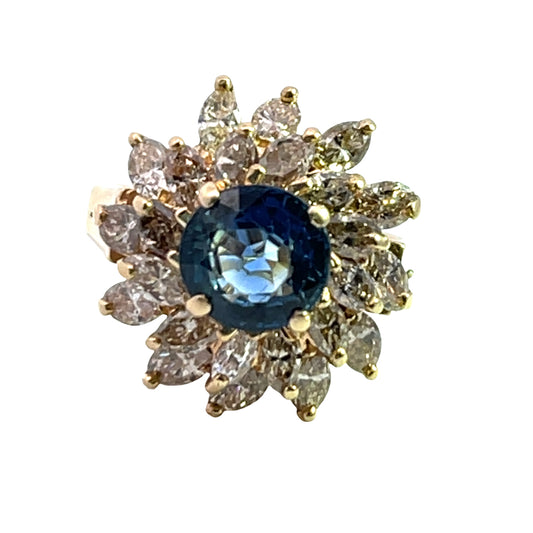 Modern, 14KY gold, Montana sapphire, diamond cocktail ring