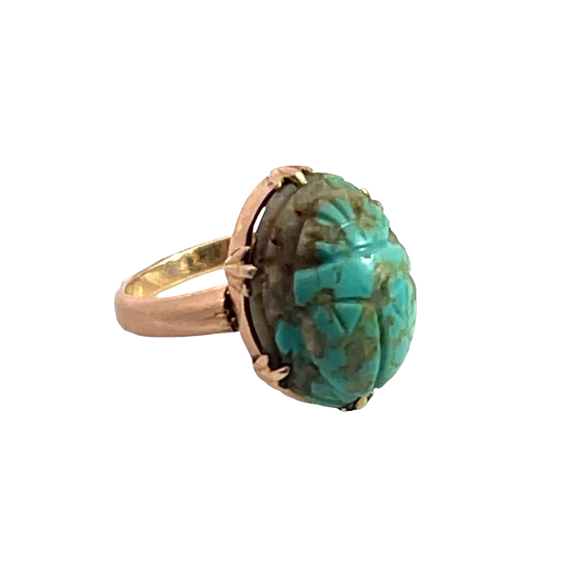 Modern 14K rose gold and carved turquoise scarab ring