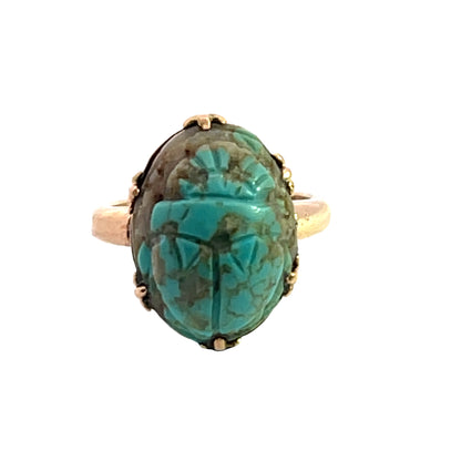 Modern 14K rose gold and carved turquoise scarab ring