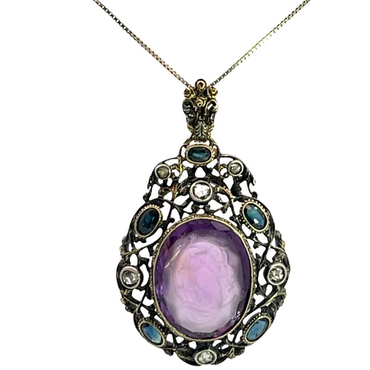 Victorian Sterling Silver, Yellow gold, rose cut diamonds, sapphires and amethyst cameo pendant