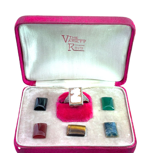 Victorian 14K white gold interchangeable cameo with 6 options ring