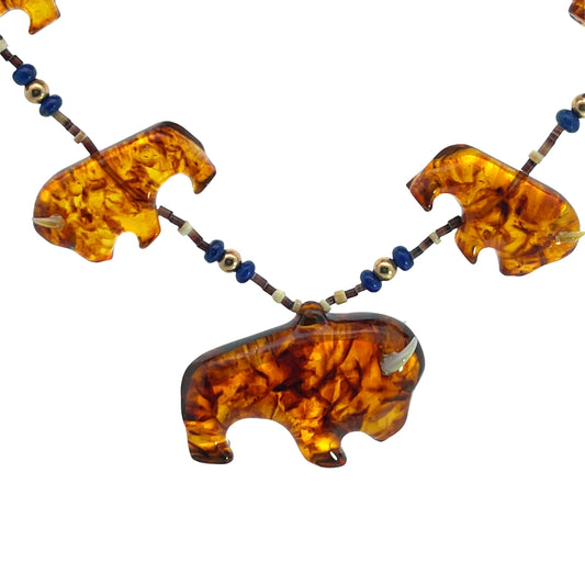 Native American Amber, lapis, heishi shell, and gold fill bead fetish necklace