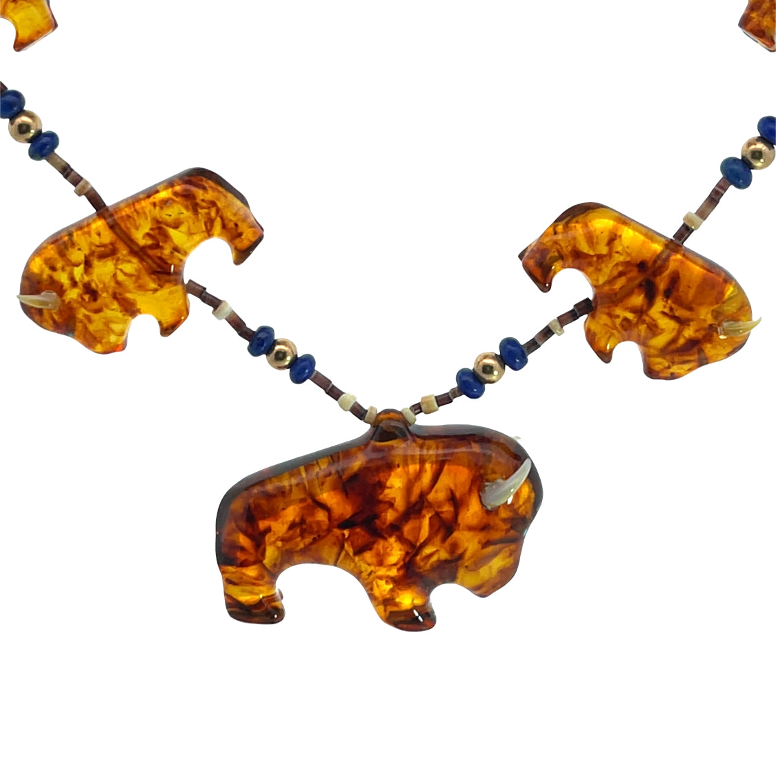Native American Amber, lapis, heishi shell, and gold fill bead fetish necklace