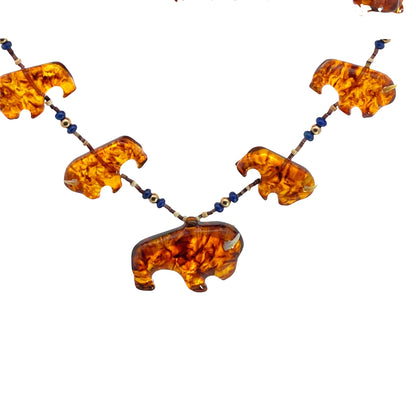 Native American Amber, lapis, heishi shell, and gold fill bead fetish necklace