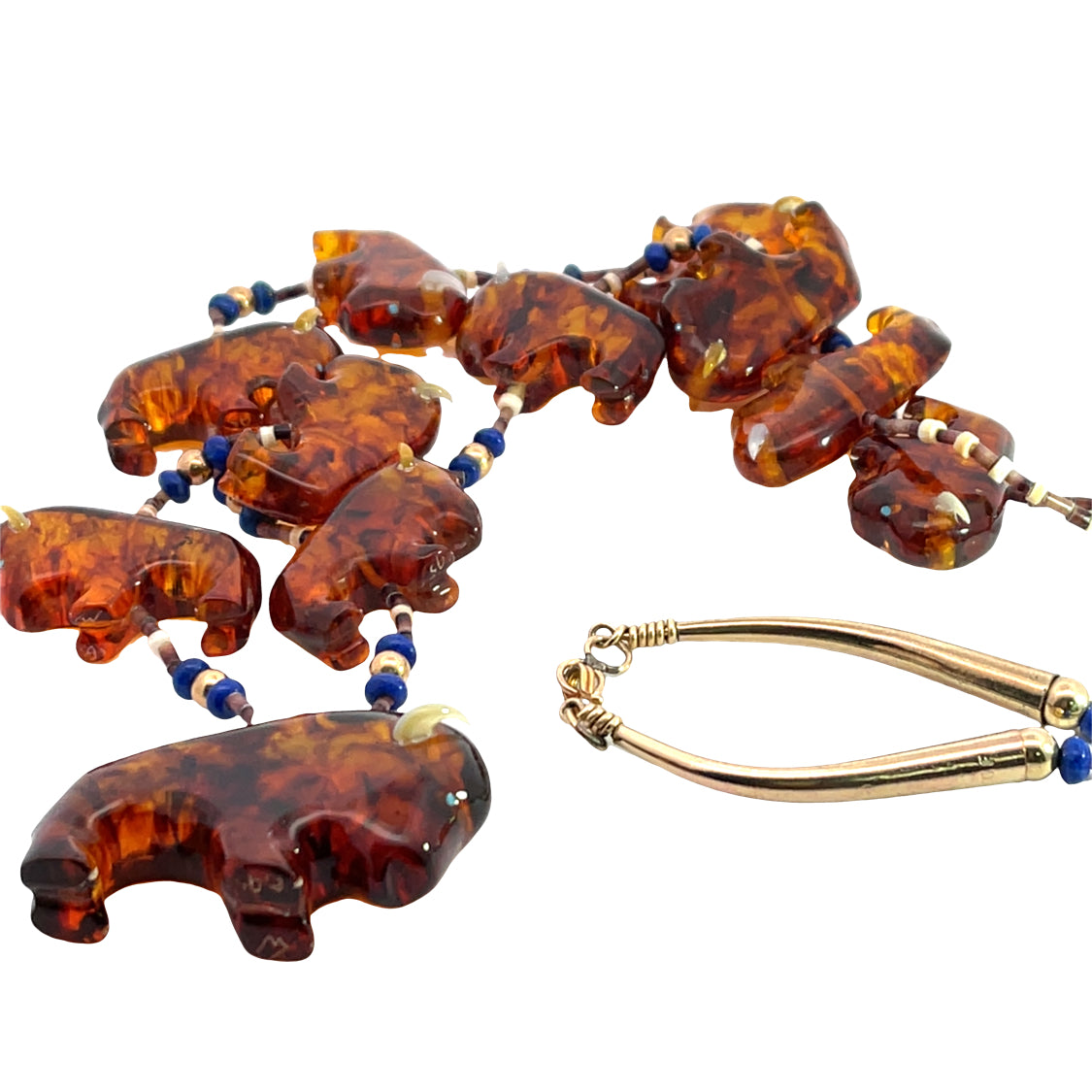 Native American Amber, lapis, heishi shell, and gold fill bead fetish necklace