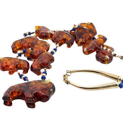 Native American Amber, lapis, heishi shell, and gold fill bead fetish necklace