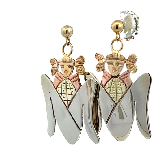 Native American Sterling silver with 14K yellow and rose gold overlay corn maiden earrings