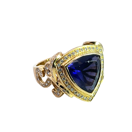 Modern 18KY gold, diamond and Iolite trillion Paula Crevoshay ring