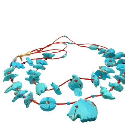 Native American 14KY gold, Turquoise, coral heishi and mother of pearl 'fetish' style necklace