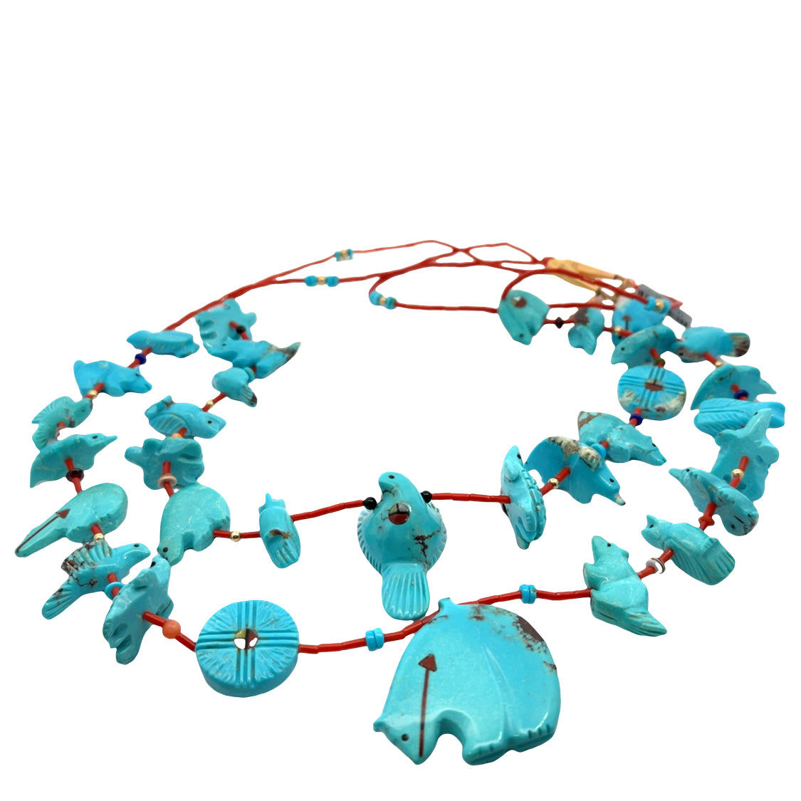 Native American 14KY gold, Turquoise, coral heishi and mother of pearl 'fetish' style necklace