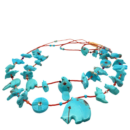 Native American 14KY gold, Turquoise, coral heishi and mother of pearl 'fetish' style necklace