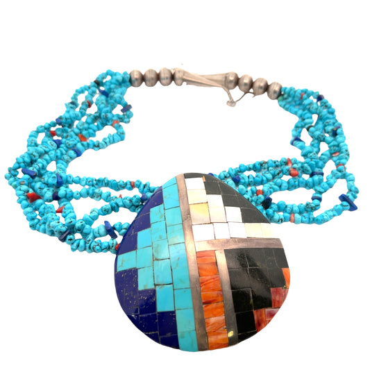 Native American Turquoise, Lapis, Spiny oyster, turquoise and mother of pearl shell 'Soul' necklace