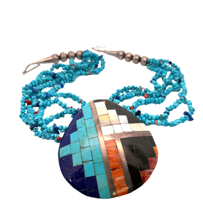 Native American Turquoise, Lapis, Spiny oyster, turquoise and mother of pearl shell 'Soul' necklace