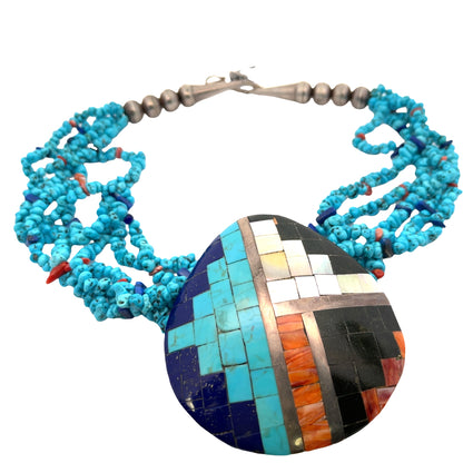 Native American Turquoise, Lapis, Spiny oyster, turquoise and mother of pearl shell 'Soul' necklace