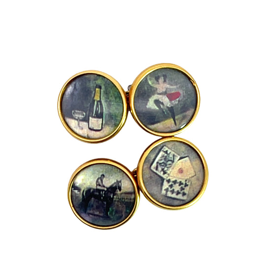 Victorian Gold Fill hand painted 'Four Vices of Man' cufflinks