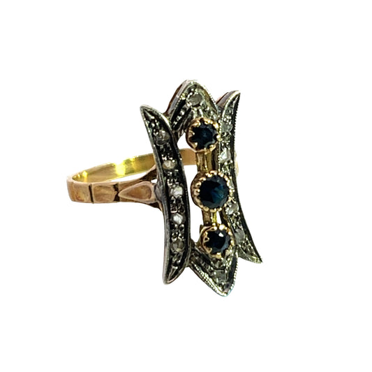 Art Deco 18KY gold, sapphire and diamond ring
