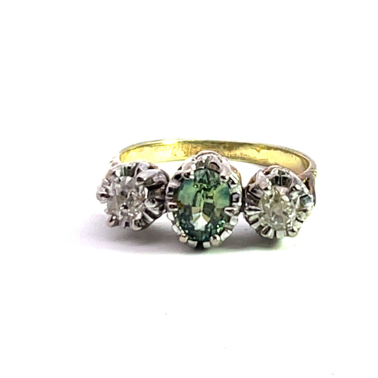 Victorian Platinum, 18KY gold, green sapphire and old mine cut diamond ring