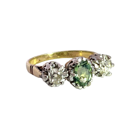Victorian Platinum, 18KY gold, green sapphire and old mine cut diamond ring