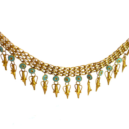 Victorian Etruscan Revival 22KY gold and blue enamel amphorae drop handmade necklace.