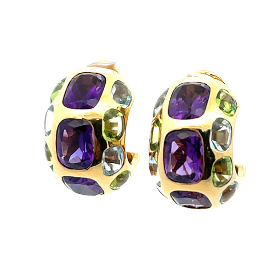 Modern Chanel 18KY gold amethyst, peridot, and blue topaz omega backs cuff earrings