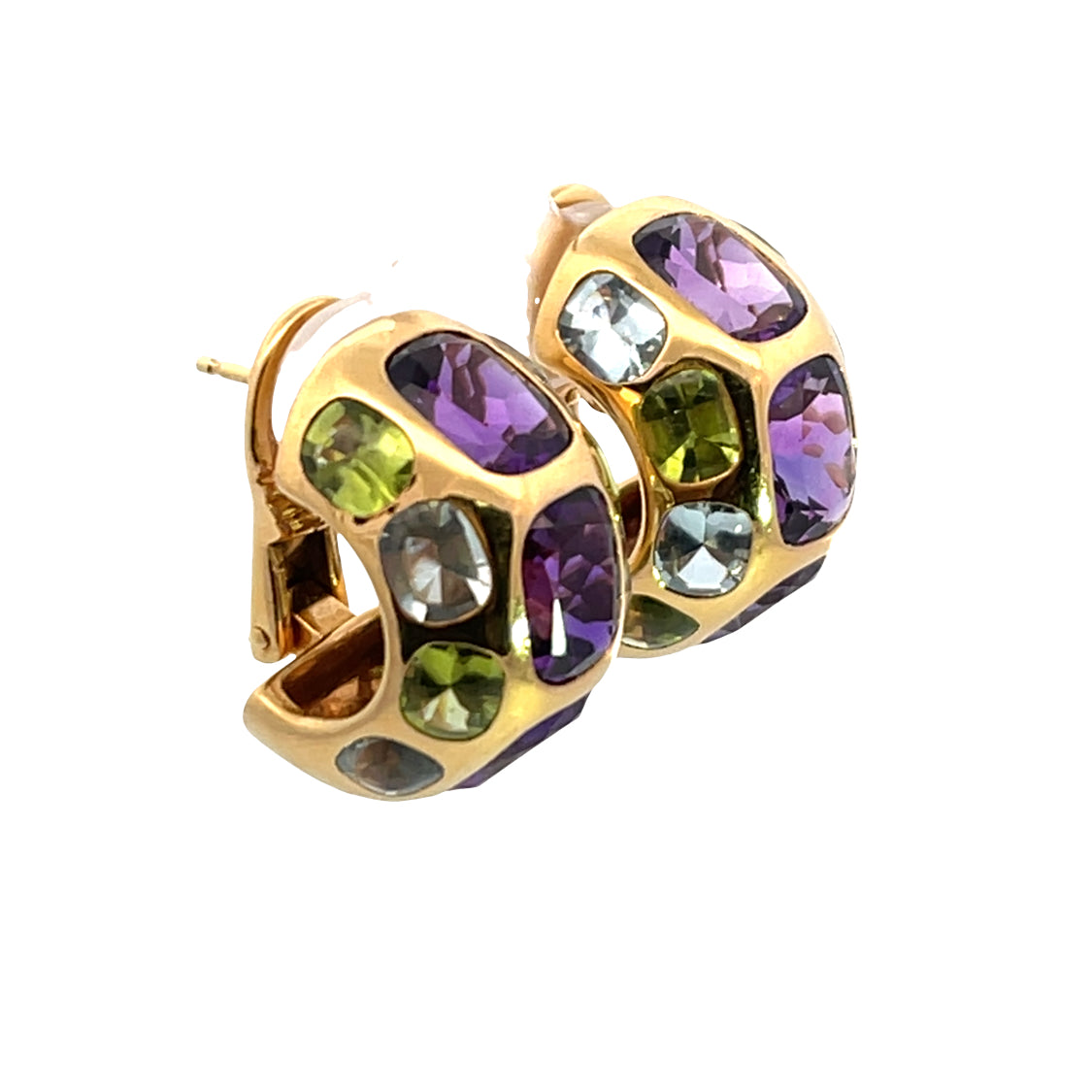 Modern Chanel 18KY gold amethyst, peridot, and blue topaz omega backs cuff earrings
