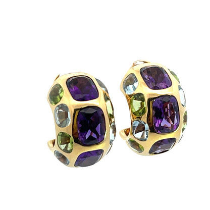 Modern Chanel 18KY gold amethyst, peridot, and blue topaz omega backs cuff earrings