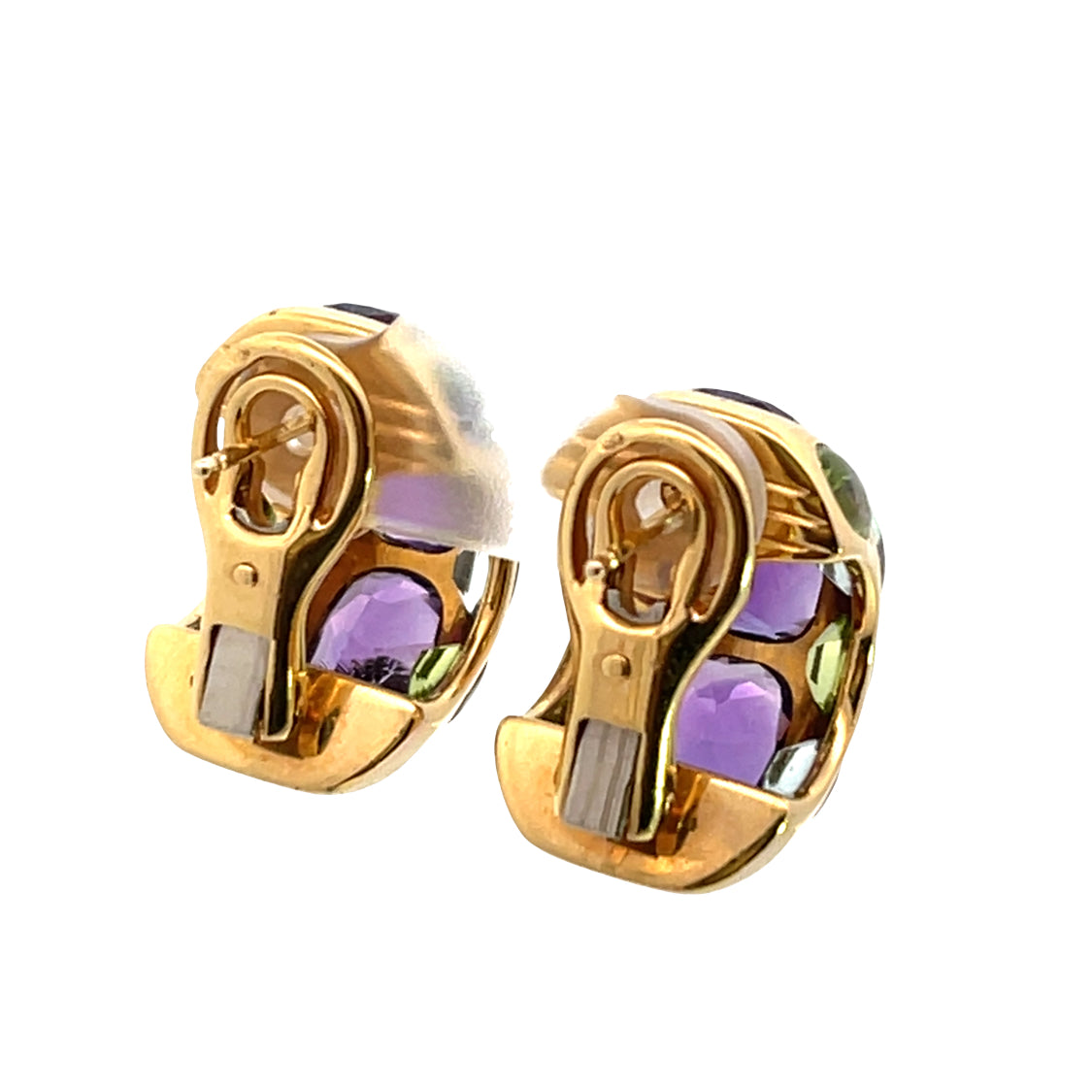 Modern Chanel 18KY gold amethyst, peridot, and blue topaz omega backs cuff earrings