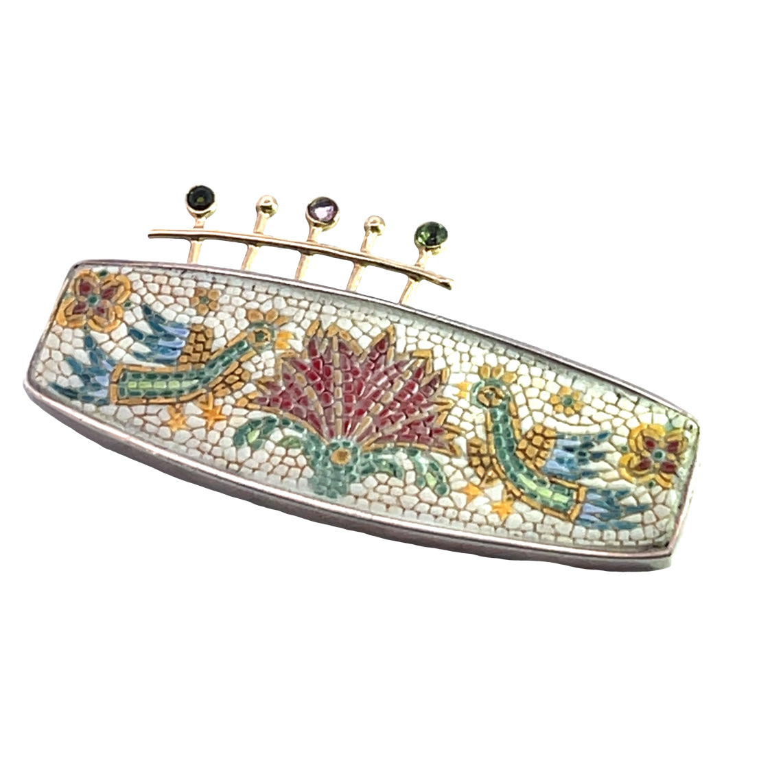 Victorian Silver, 14KY gold, pink tourmaline, and zircon micro mosaic brooch