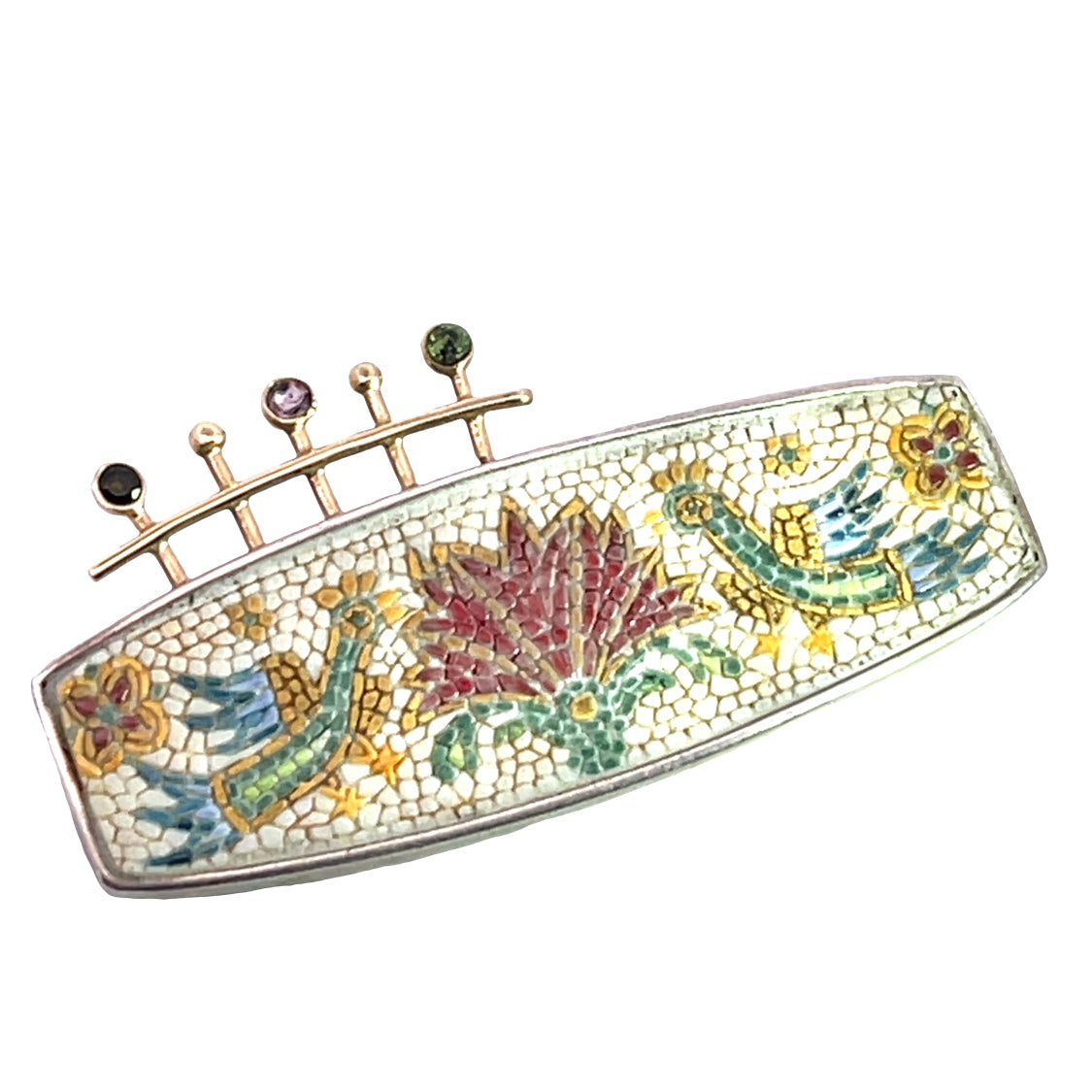 Victorian Silver, 14KY gold, pink tourmaline, and zircon micro mosaic brooch