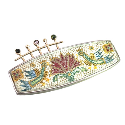 Victorian Silver, 14KY gold, pink tourmaline, and zircon micro mosaic brooch