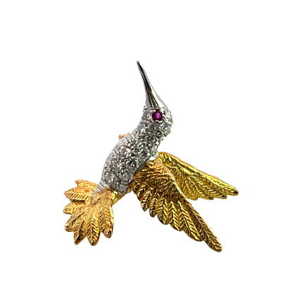 Modern 18KY gold, diamond and ruby hummingbird pin