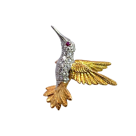 Modern 18KY gold, diamond and ruby hummingbird pin