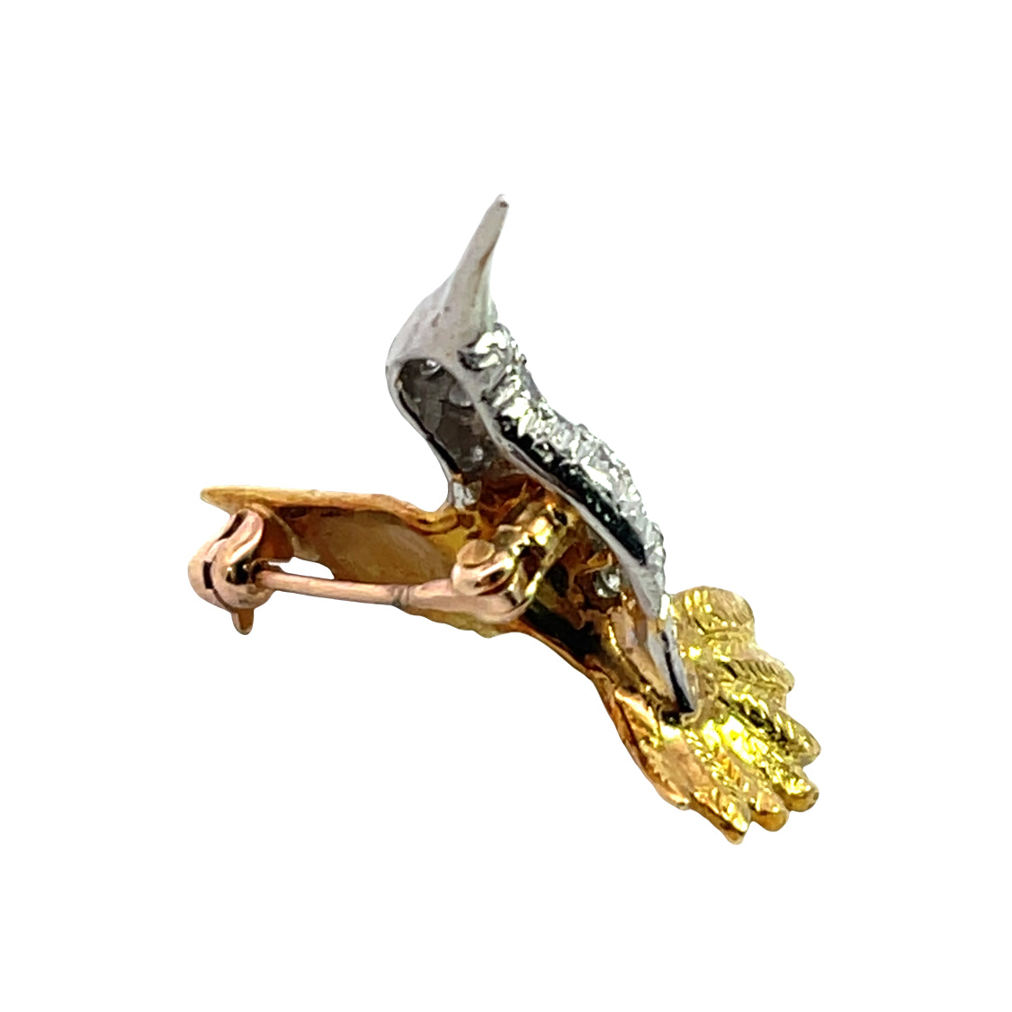 Modern 18KY gold, diamond and ruby hummingbird pin