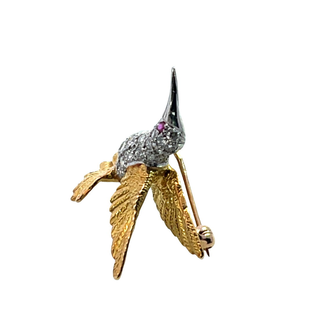 Modern 18KY gold, diamond and ruby hummingbird pin