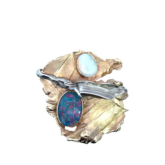 Brutalist 14KY gold, Sterling Silver and white opal, and black opal doublet brooch