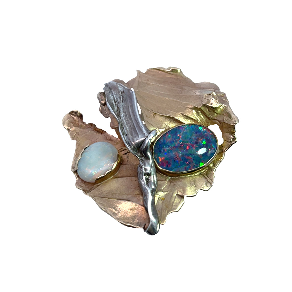 Brutalist 14KY gold, Sterling Silver and white opal, and black opal doublet brooch