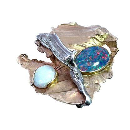 Brutalist 14KY gold, Sterling Silver and white opal, and black opal doublet brooch