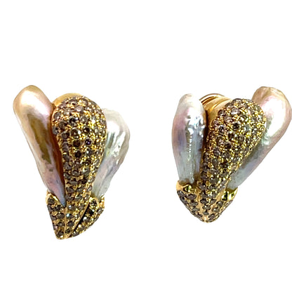 Modern Yvel 18KY gold, diamond and baroque pearl 'bee' earrings
