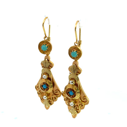 Victorian 19KY gold and turquoise day-night sleeper chandelier earrings