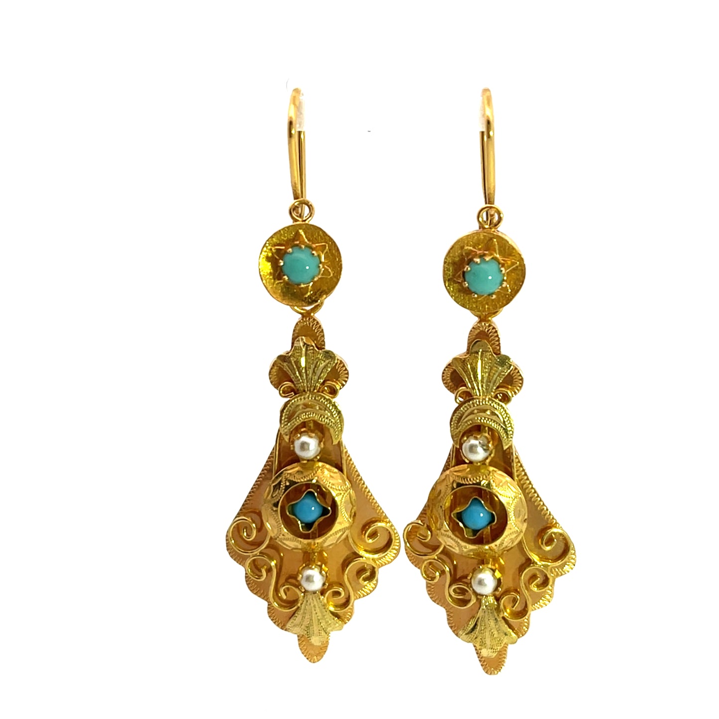 Victorian 19KY gold and turquoise day-night sleeper chandelier earrings