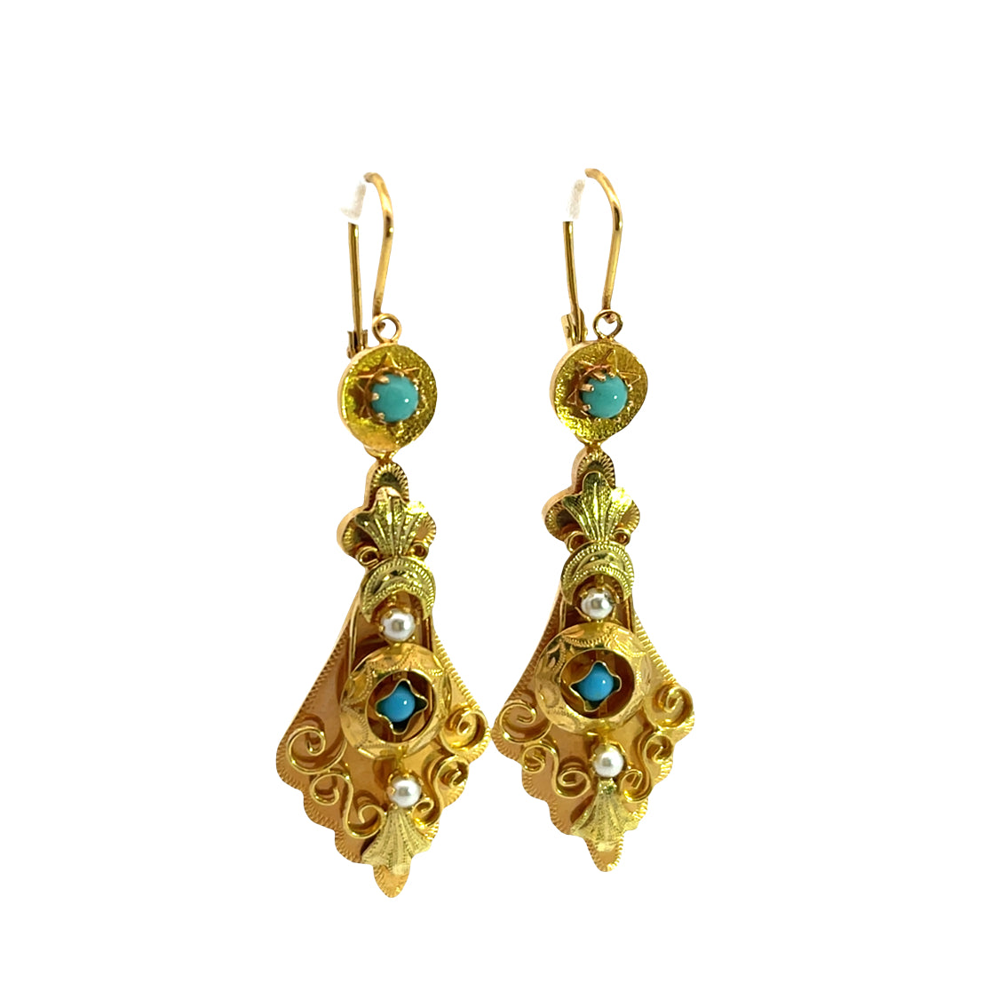Victorian 19KY gold and turquoise day-night sleeper chandelier earrings