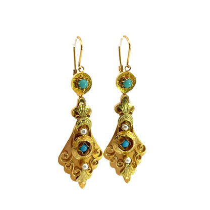 Victorian 19KY gold and turquoise day-night sleeper chandelier earrings