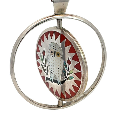 Native American Sterling silver coral, mother of pearl onyx and turquoise inlay spinner pendant