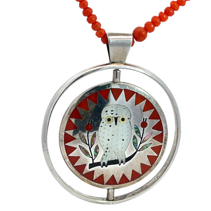 Native American Sterling silver coral, mother of pearl onyx and turquoise inlay spinner pendant