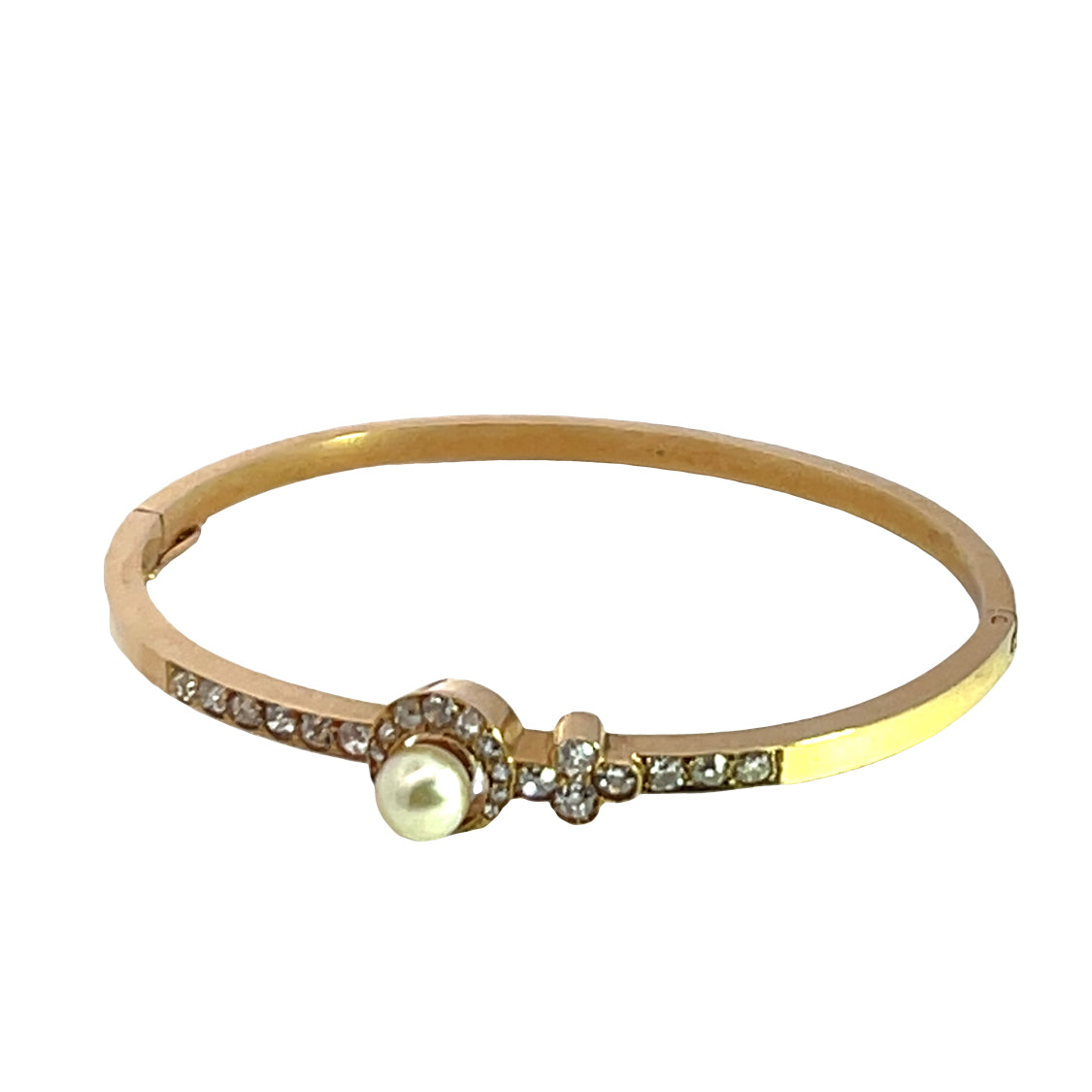 Victorian 14KY gold, Old mine cut diamonds, rose cut diamonds and cultured pearl hinged bracelet