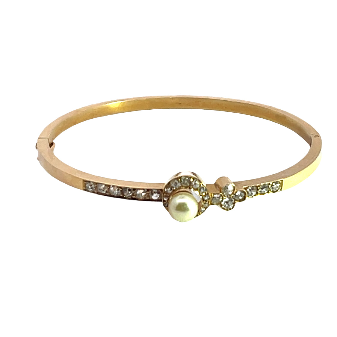 Victorian 14KY gold, Old mine cut diamonds, rose cut diamonds and cultured pearl hinged bracelet