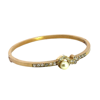 Victorian 14KY gold, Old mine cut diamonds, rose cut diamonds and cultured pearl hinged bracelet