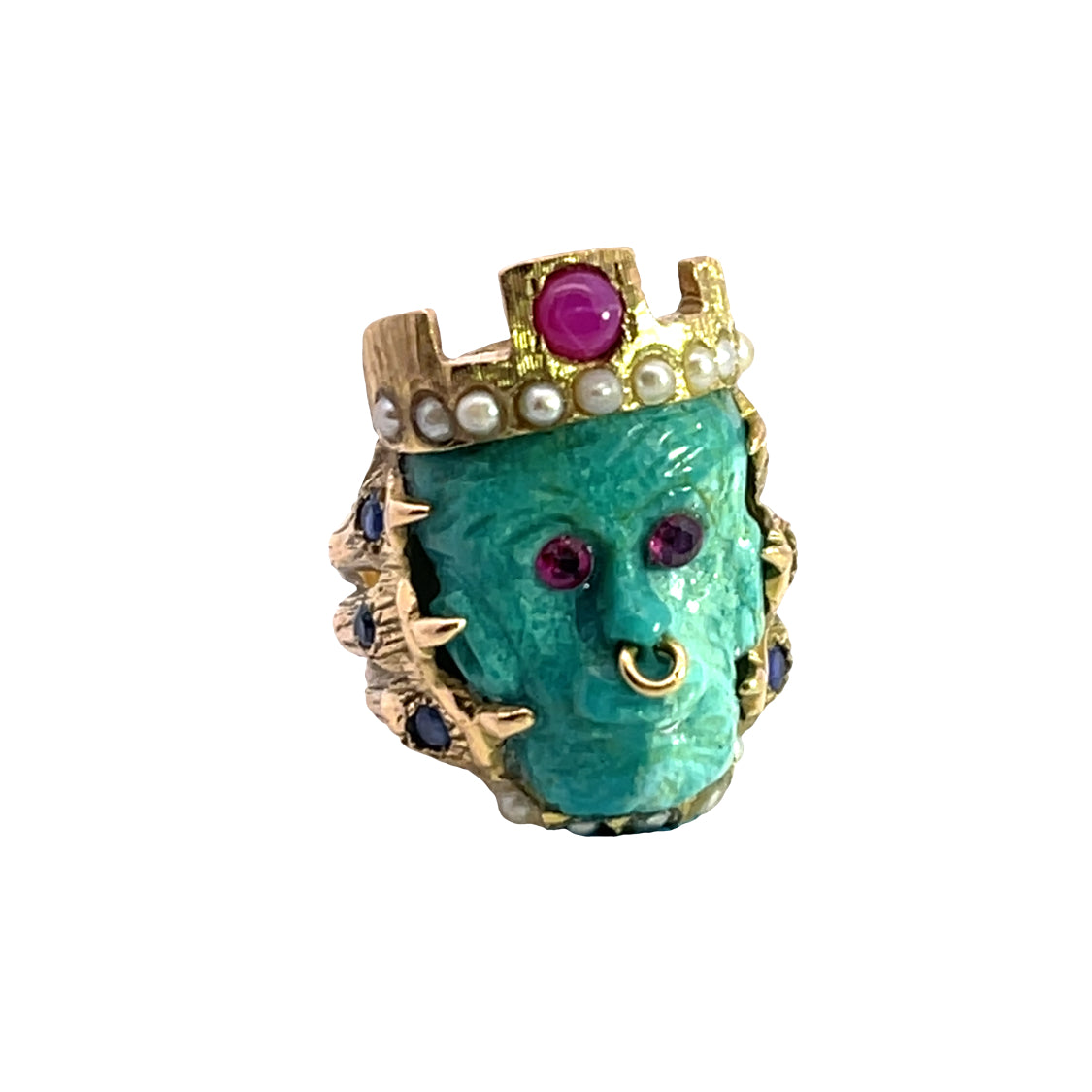 Victorian 18KY gold, turquoise, sapphire, star and faceted ruby and seed pearl Monkey King ring