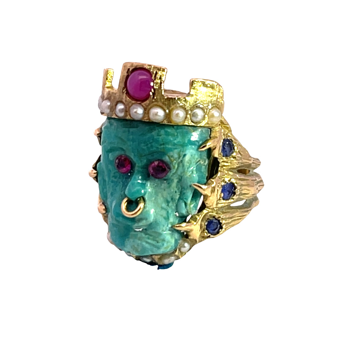 Victorian 18KY gold, turquoise, sapphire, star and faceted ruby and seed pearl Monkey King ring
