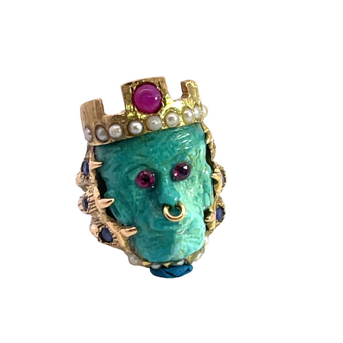 Victorian 18KY gold, turquoise, sapphire, star and faceted ruby and seed pearl Monkey King ring